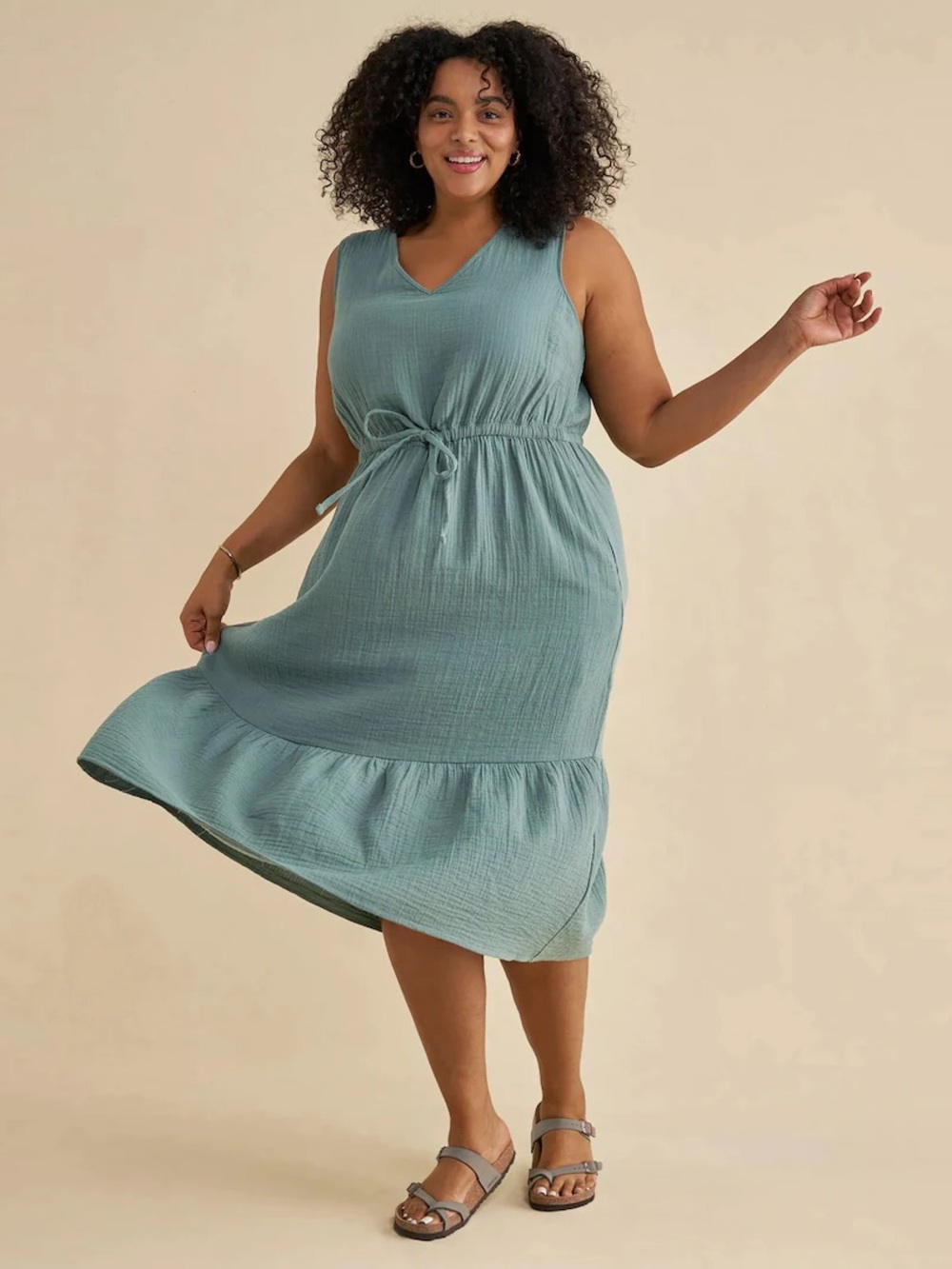 L.L. Bean Sleeveless V-Neck Tie-Waist Maxi Dress in Dusty Teal